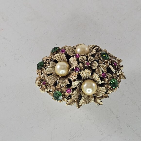 Vintage Florenza Gold-Toned Floral Basket Trinket Box Faux Pearls Rhinestones - Picture 7 of 9